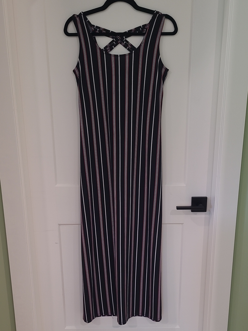 Striped Sleeveless Maxi Dress with Crisscross Back - Black/White/Pink